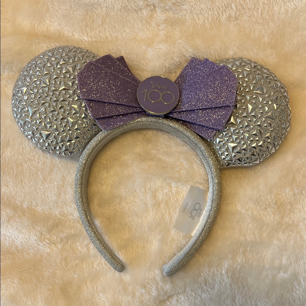 Disney 100 years Silver Glitter Minnie Ears Headband with Purple Bow One Size